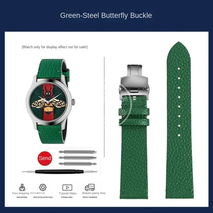watch band For GUCCI YA1264065 Little Bee Embroidered Gucci Men's and Women's Green Genuine Lea/ther Watch Strap 20mm Bracelet