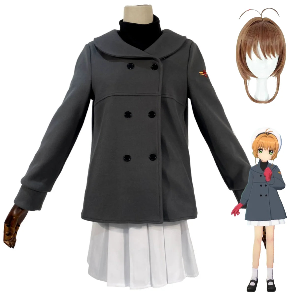 Anime Cardcaptor Sakura Kinomoto Sakura Cosplay Costume Winter School Uniform Overcoat Coat Wig Woman Kawaii Christmas Suit