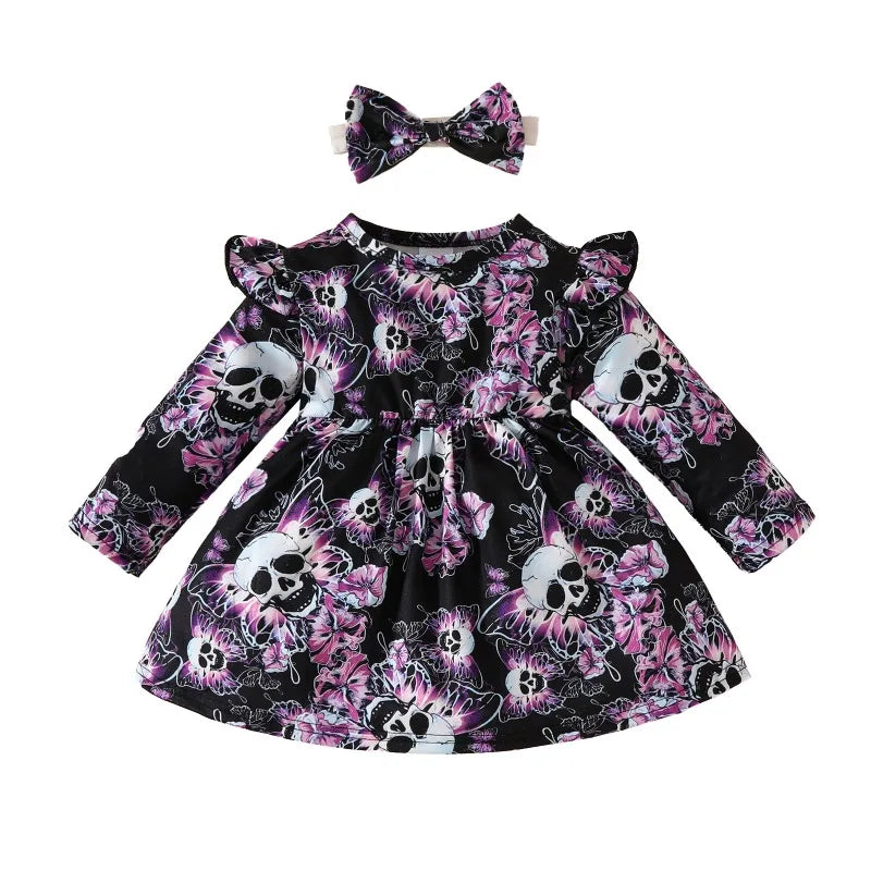Halloween Children Costume Cute  Girl  Dress Long Sleeve Butterfly Skeleton Print Party Dress Gothic Outfit Baby Girls Clothes