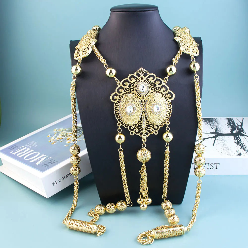 Sunspicems Chic Moroccan Bride Body Jewelery Algeria Women Back Shoulder Chain Gold Color Arabic Wedding Jewelry Long Necklace