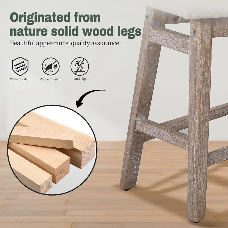 Counter Height Bar Stools Set of 3 for  Counter Farmhouse Modern Barstools Upholstered Fabric Backless Seat Khaki + Wood Color