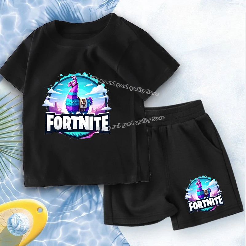 FORTNITED Anime Boy Summer T-shirt Set Kid Cotton Clothes 2pcs Short Baby Tops +Shorts Set Tee Sport Tracksuit Summer Outfits