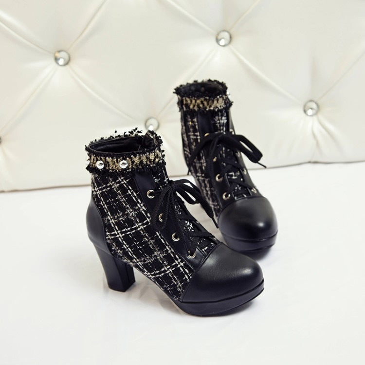Short Boots Women's Stitching Lace Sweet Thick Heel Women's Shoes –