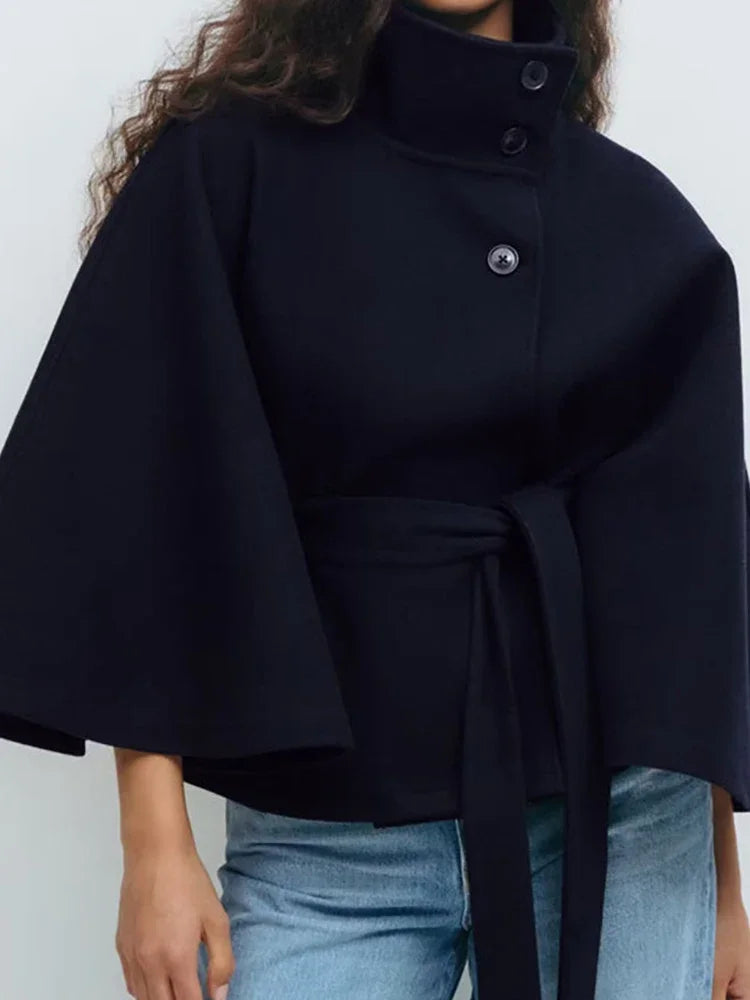 Stand Collar Sashes Patchwork Jackets, Women Autumn Winter Batwing Sleeve Chic Coats, 2025 Loose Holiday Solid Cloak Streetwear