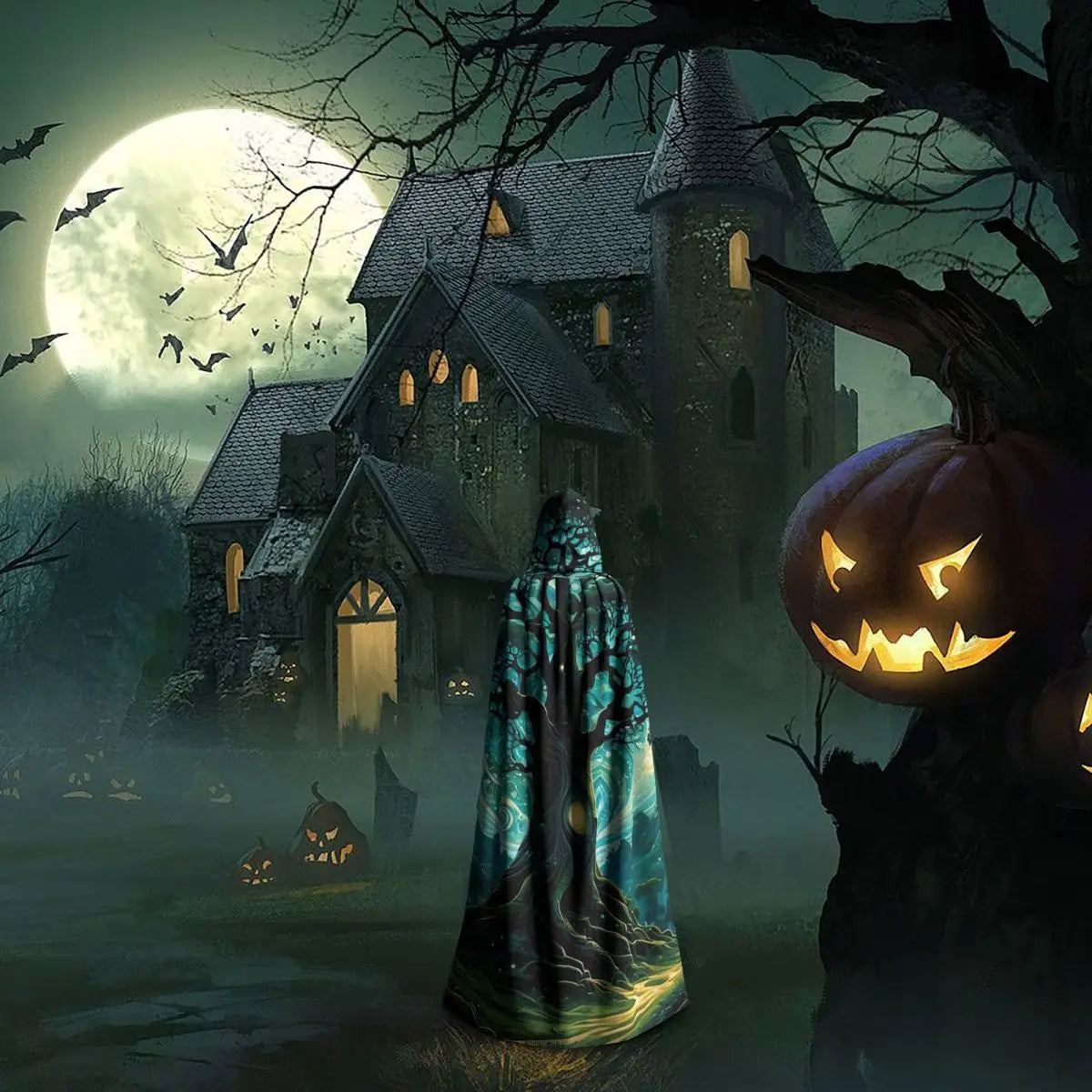 Magic Green Tree Long Hooded Cloak Witch Medieval Costume Cosplay Cape HalloweenVampire Adult Unisex