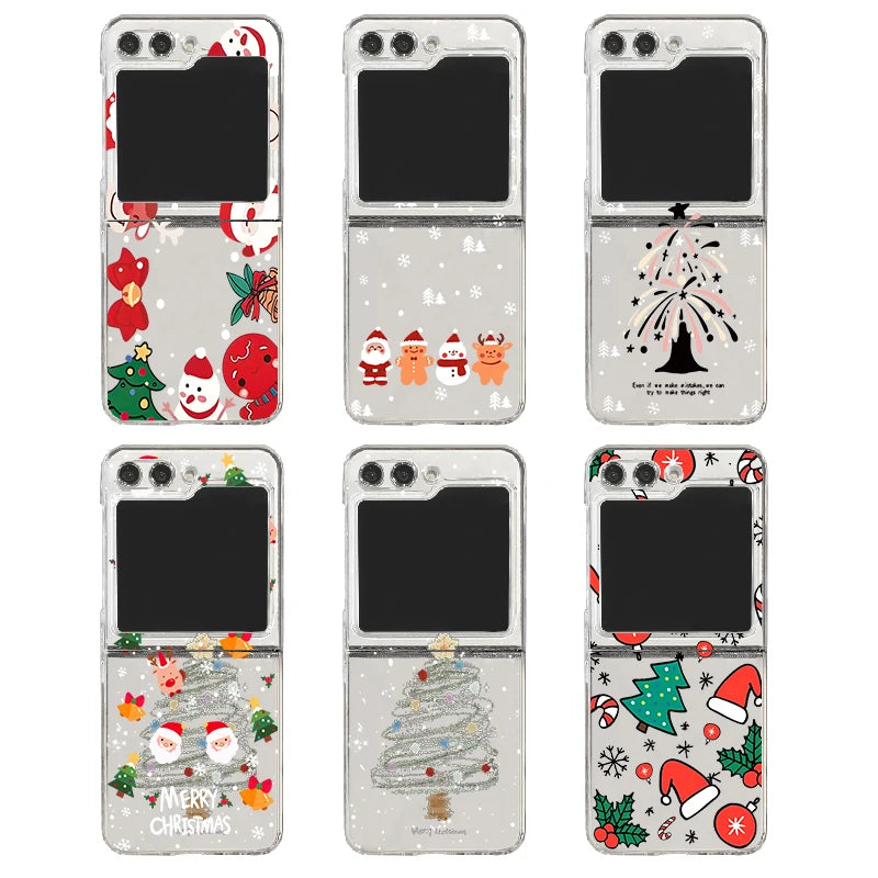 Christmas Tree Cartoon Print Clear Phone Case For Samsung Galaxy Z Flip 7 6 5 4 3 5G Folding Hard PC Cover For Samsung Z Flip5