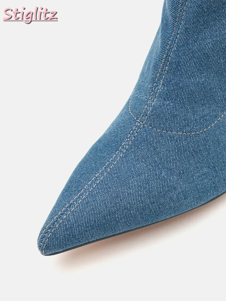 Denim Blue Pointed Boots Sewing Slim Over-the Knee Boots Stiletto Women Fashion Modern Shoes 2025 Autumn New Thin Heel Slip-on