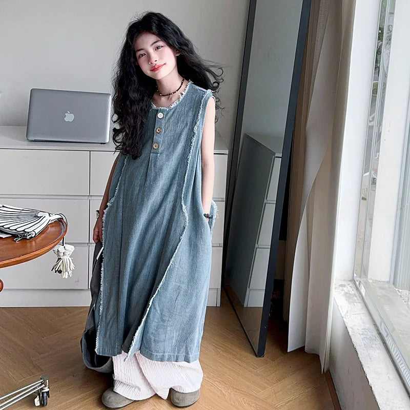 Loose Style Kids Luxury Summer Denim Dresses for Teenage Girl High Fashion Street Outfits Children Casual Sleeveless Jeans Dress