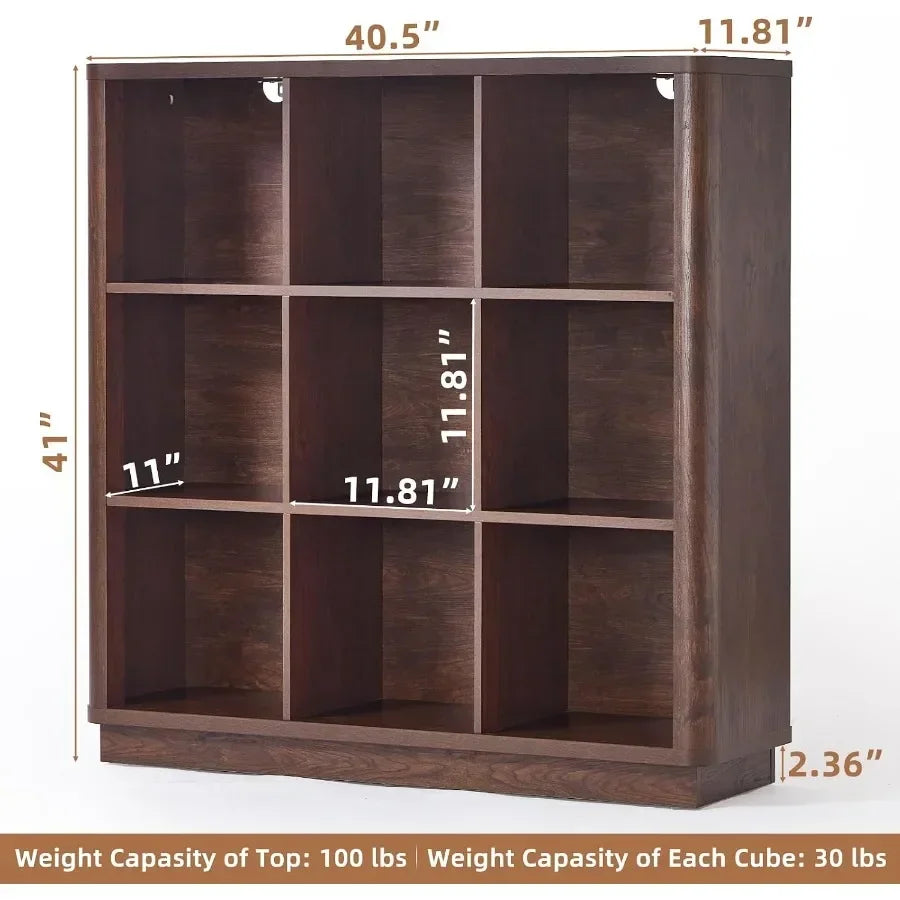 Living room and home office bookshelf: walnut wood 9-cube organizer with curved edge, 40.5 wide floor-standing 3-tier cubby she