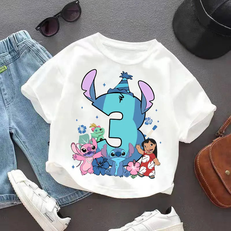 Lilo Stitch T-shirt for Kids Clothes Birthday Number 1-9 Print Children Clothing Cute Anime Tee Party Wear Cotton Baby Tops Gift