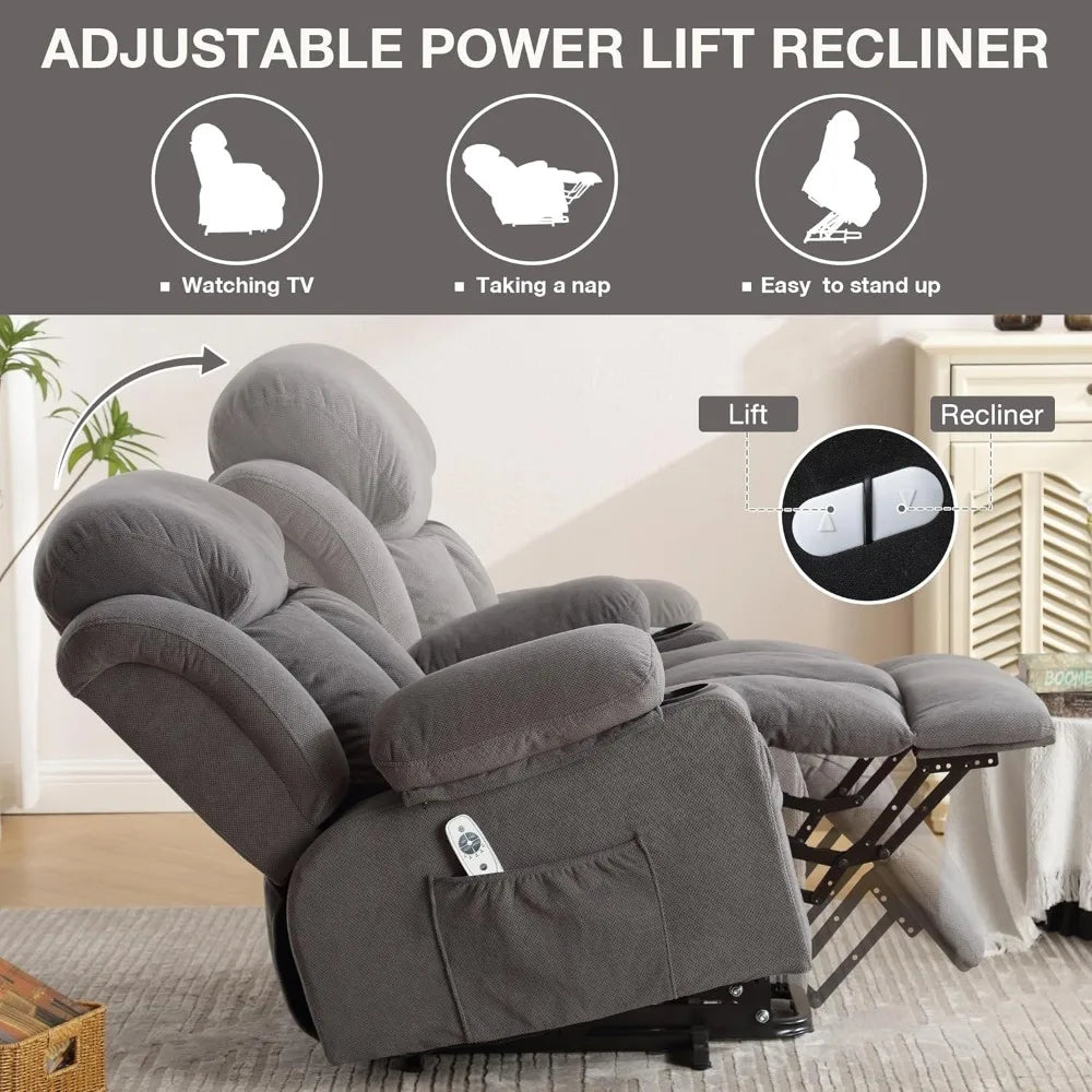 Power Lift Recliner Chair with Heat and Massage Electric Fabric Recliner Chair for Elderly with Side Pocket, USB Charge Port,