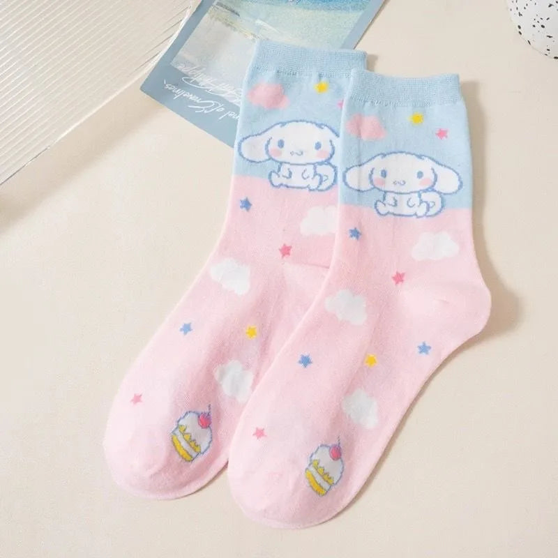 Cartoon Sanrio Hello Kitty Women's Socks My Melody Cute Girl Mid-tube Cotton Socks Kawaii Student Sock Girl Kids Christmas Gift