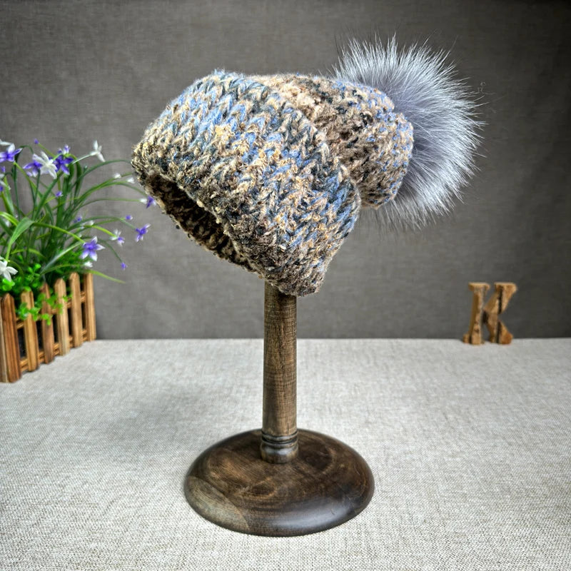 Autumn and winter colorful wool blend women's warm real fox fur ball hat European and American travel Christmas fashion