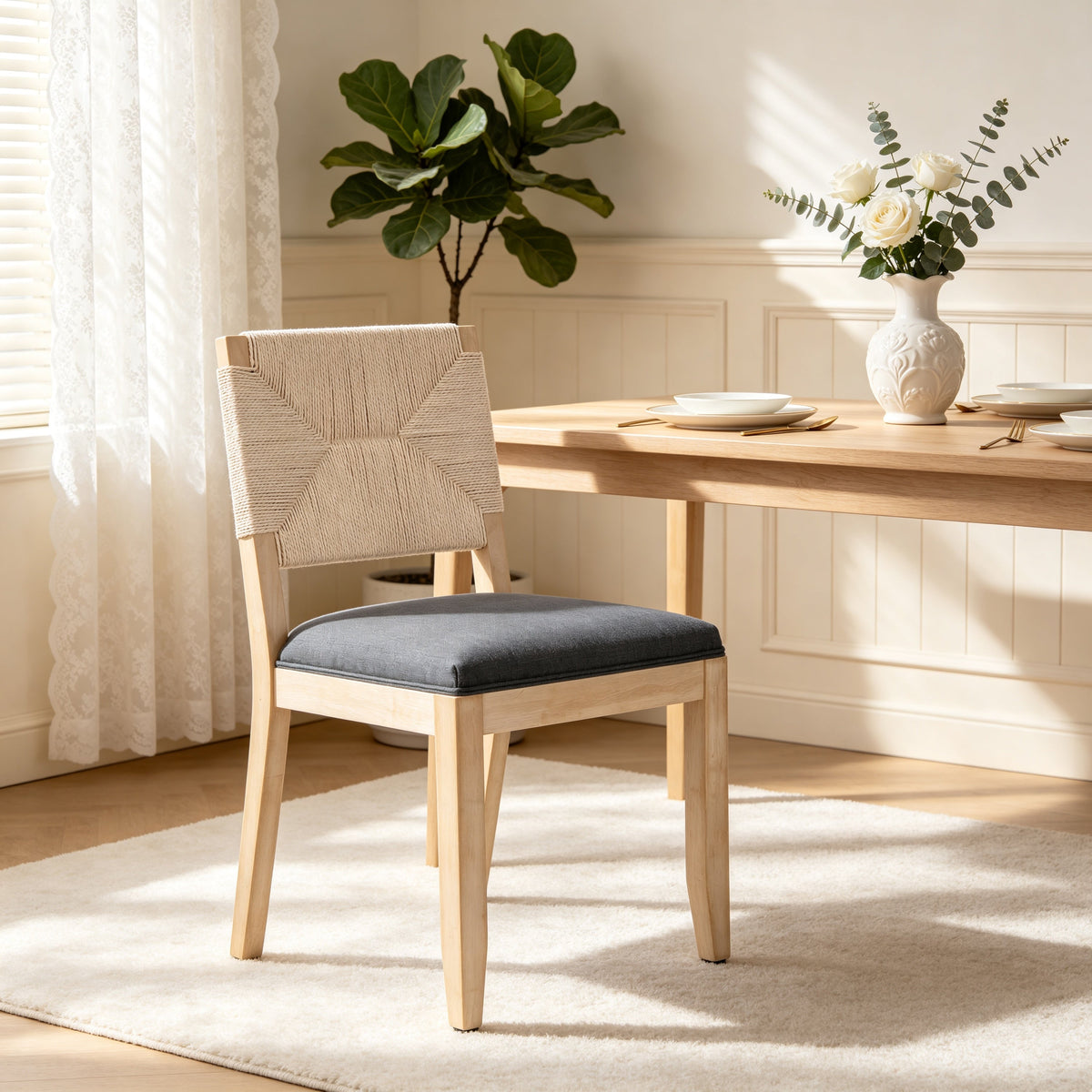Dining Chairs Set of 2 with Woven Rope Backs and Linen Seats, French