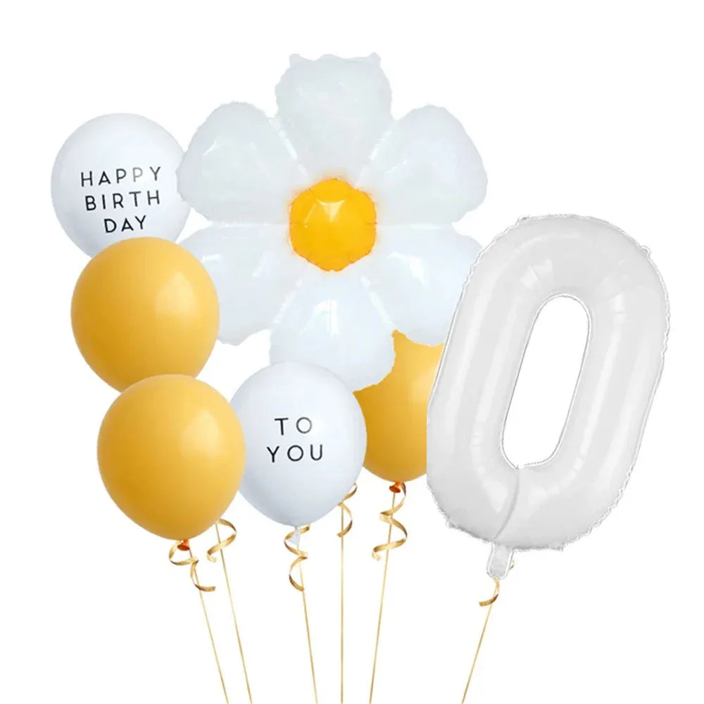 8pcs White Daisy Balloon Set With 32inch 1-9 White Number Ballon For  Daisy Themed Birthday Party Decor Kids Toys Helium Globos