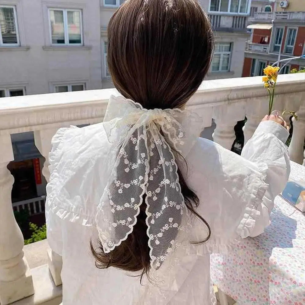 Y2k Women Narrow Long Scarf Elegent Lace Bow Necklace For Women Choker Long Ribbon Scarf Shawl Embroidery Headband Hair Scarf
