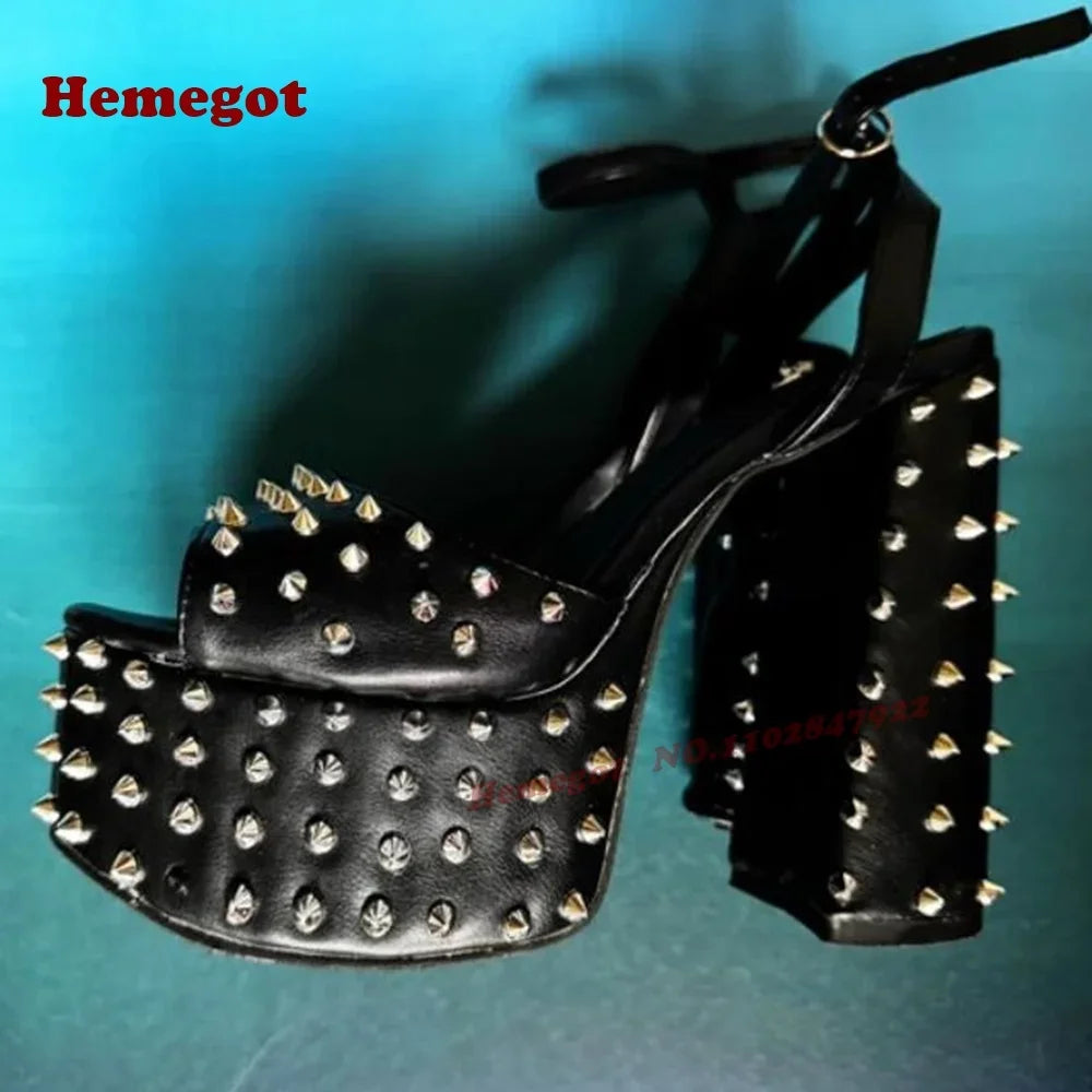 Studded Platform Slingback Sandals 2025 New Arrival Peep Toe Buckled Chunky Heels Women's Sandals Black Rivet Elegant Shoes Sexy