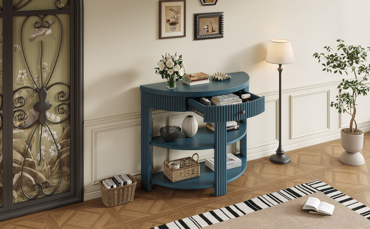 Fluted Half Moon Console Table with Drawer and 2 Shelves for Entryway,