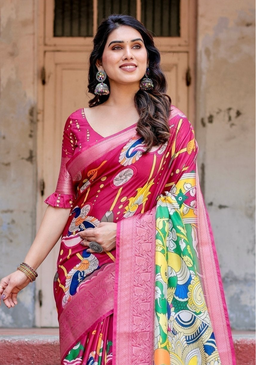 Magenta Tussar Silk Saree with Artistic Peacock & Floral Kalamkari