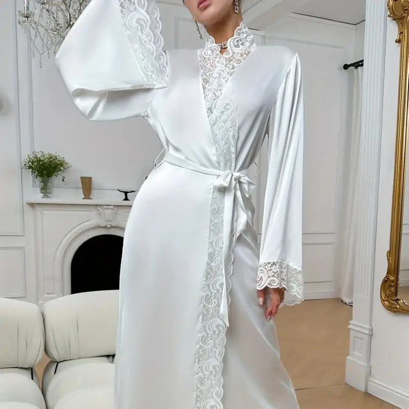Sexy Lace Patchwork Nightwear Vestidos De Novia Women Wedding Dress Satin Kimono Bathrobe Intimate Lingerie Long Pijama Mujer