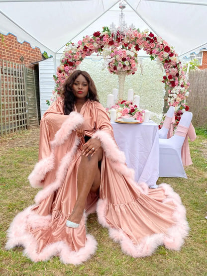 Customized Bathrobe for Women Flare Sleeves Feather Bridal Robe Nightgown Silk Long Wedding Scarf Dress Gown Photography Dress