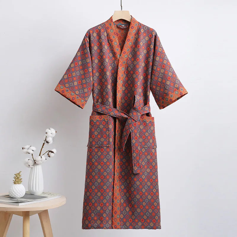 Double Layer Cotton Gauze Long Robe Retro Jacquard Kimono Bathrobe Gown Spring Summer Sleepwear Couple Pijama Loose Lingerie