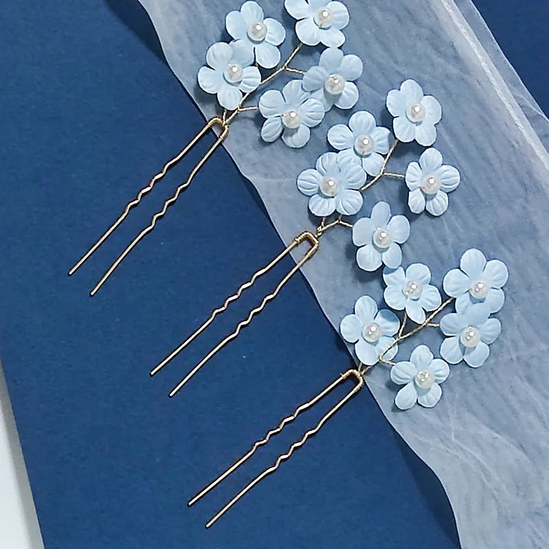 3PCS Women Blue Color Flower Hairpin Stick Wedding Bridal Crystal Pearl Hairpin U Shaped Hair Clip Barrettes Hair Accessories
