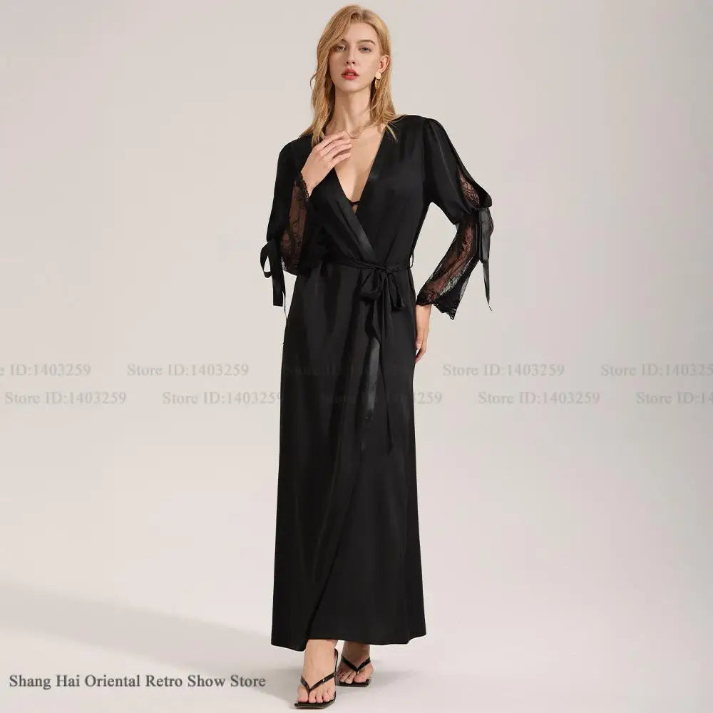 Fashion Sexy Long Robe Women Sleepwear Home Dressing Gown Patchwork Perspective Lace Lingerie Negligee Loose Bathrobe Loungewear