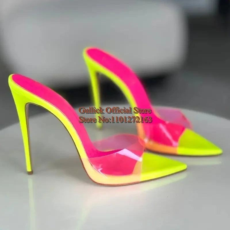 Stylish Pointed Toe Thin Heel Sandals Transparent PVC Slip On Candy Colors Female Summer Mules Shoes Pink Yellow Size 47