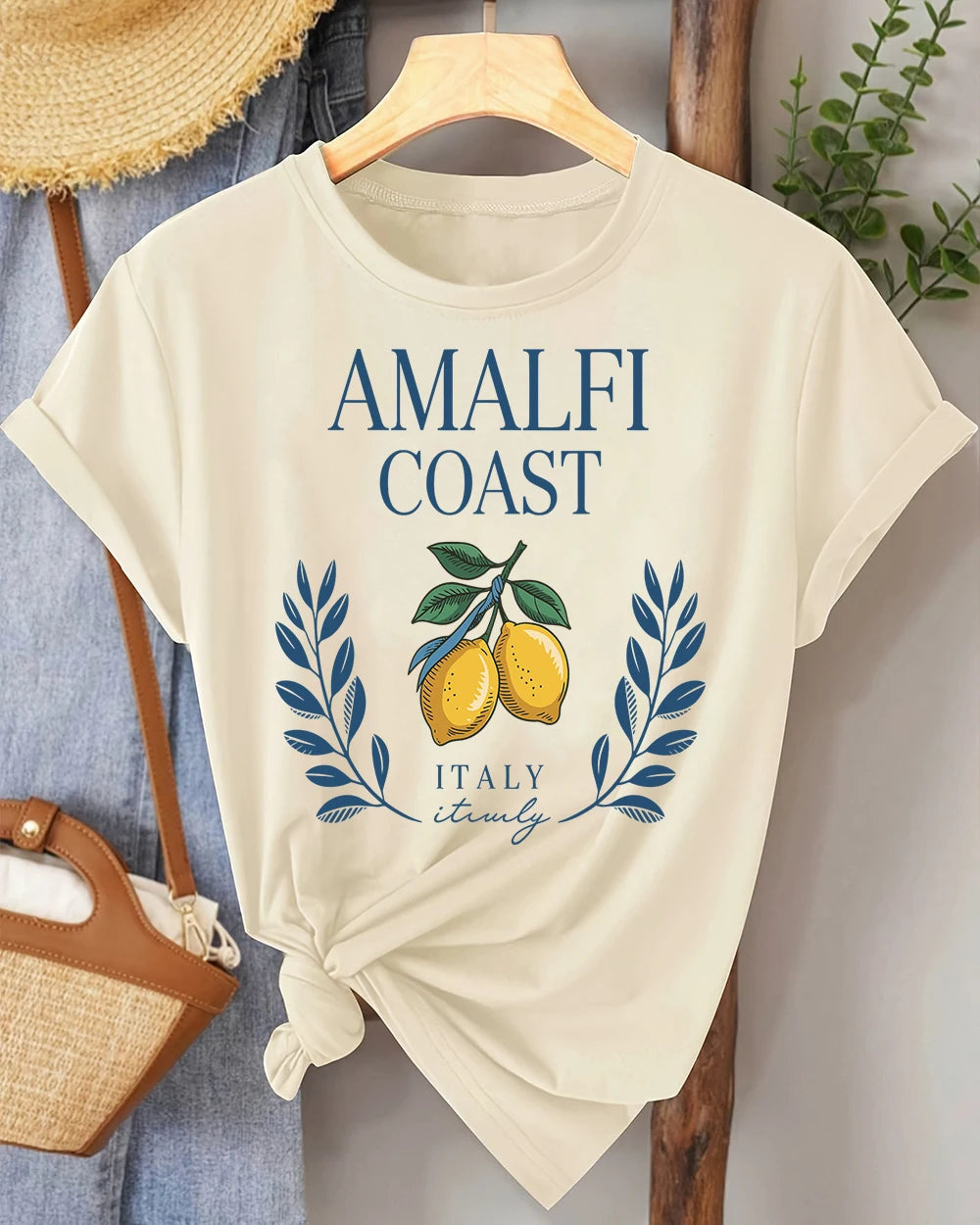 Amalfi Coast Lemon From Italy Printing Retro T-Shirts Women Breathable O-Neck Tee All-Match Soft Top Casual Female Short Sleeve