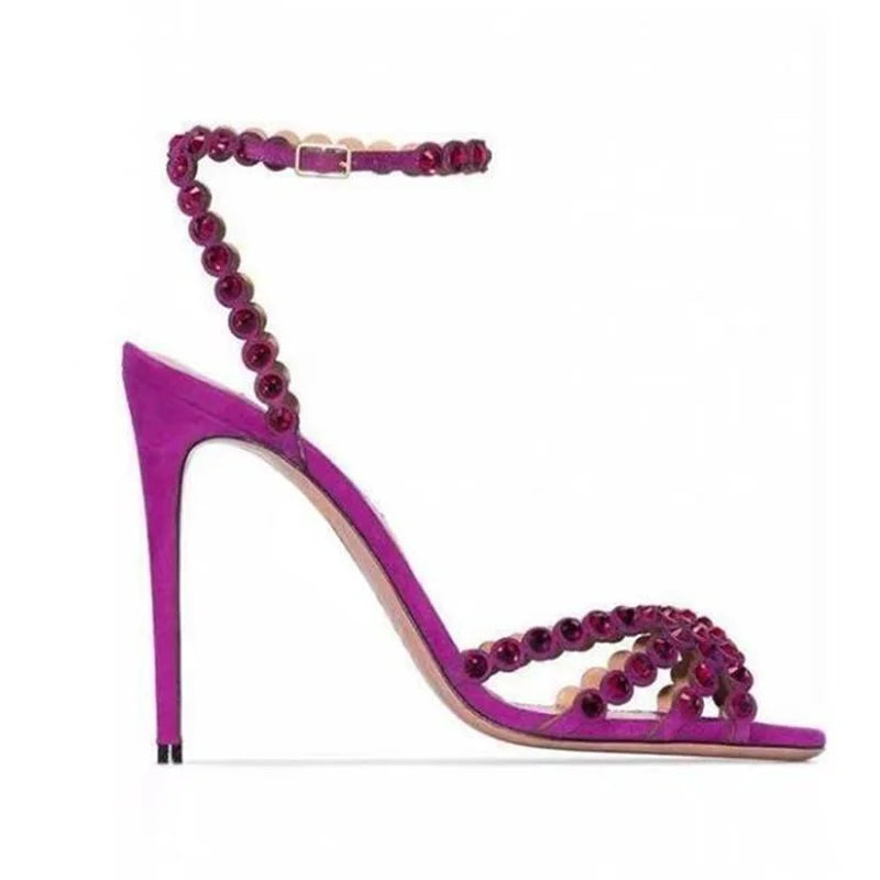 Big Size43 Crystal Embellshed High Heel Sandals Green Purple Suede Ankle Strap Dress Shoes Cutouts Celebrating Dress Shoes
