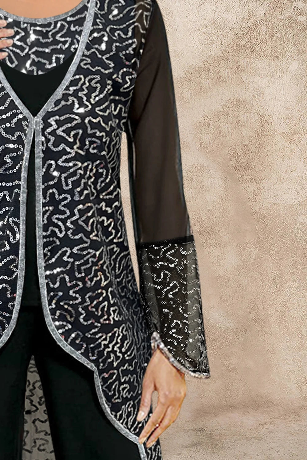 Flycurvy Plus Size Mother Of The Bride Black Chiffon Sequin Embroidery Irregular Hem Three Piece Pant Suit