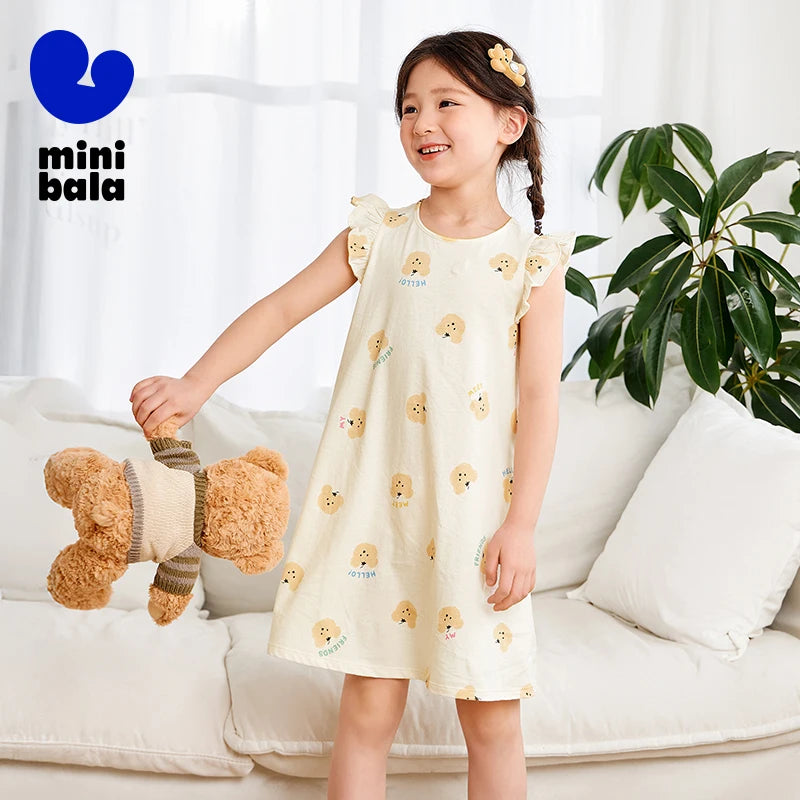 Mini Bala Summer New Kids Sweat-Absorbing Comfortable Nightgown Breathable Pure Cotton Girls Home Dress