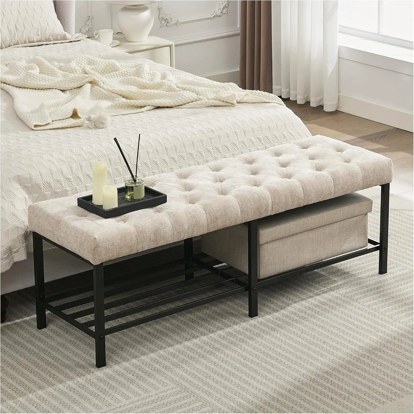 55.5" End of Bed Bench, Modern Chenille Button Tufted Bedroom Bench, Upholstered Storage Shoe Bench with Metal Base, Dinning Tab
