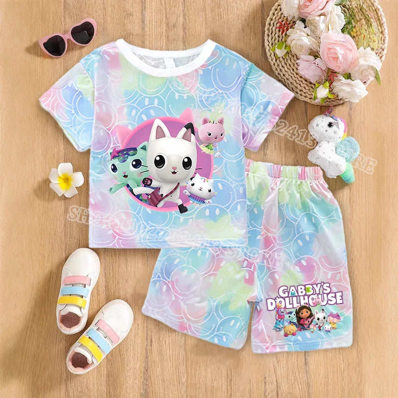 2pcs Gabby Dollhouse Sets Summer Breathable Sweat Absorbent Kids Clothes Baby Girls Kawaii anime Smile Short Sleeve Thin Suit