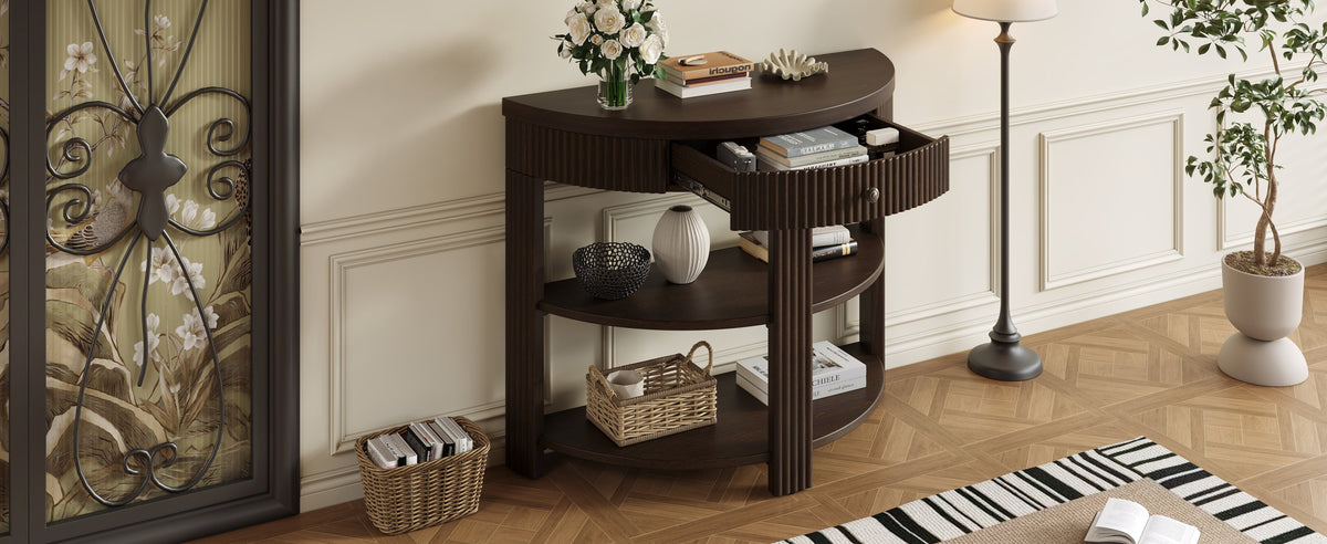 Fluted Half Moon Console Table with Drawer and 2 Shelves for Entryway,