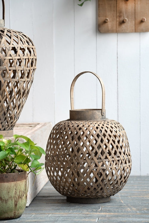 Oval Wood Lattice Candle Lantern with Glass Holder, 13.8 in Tall