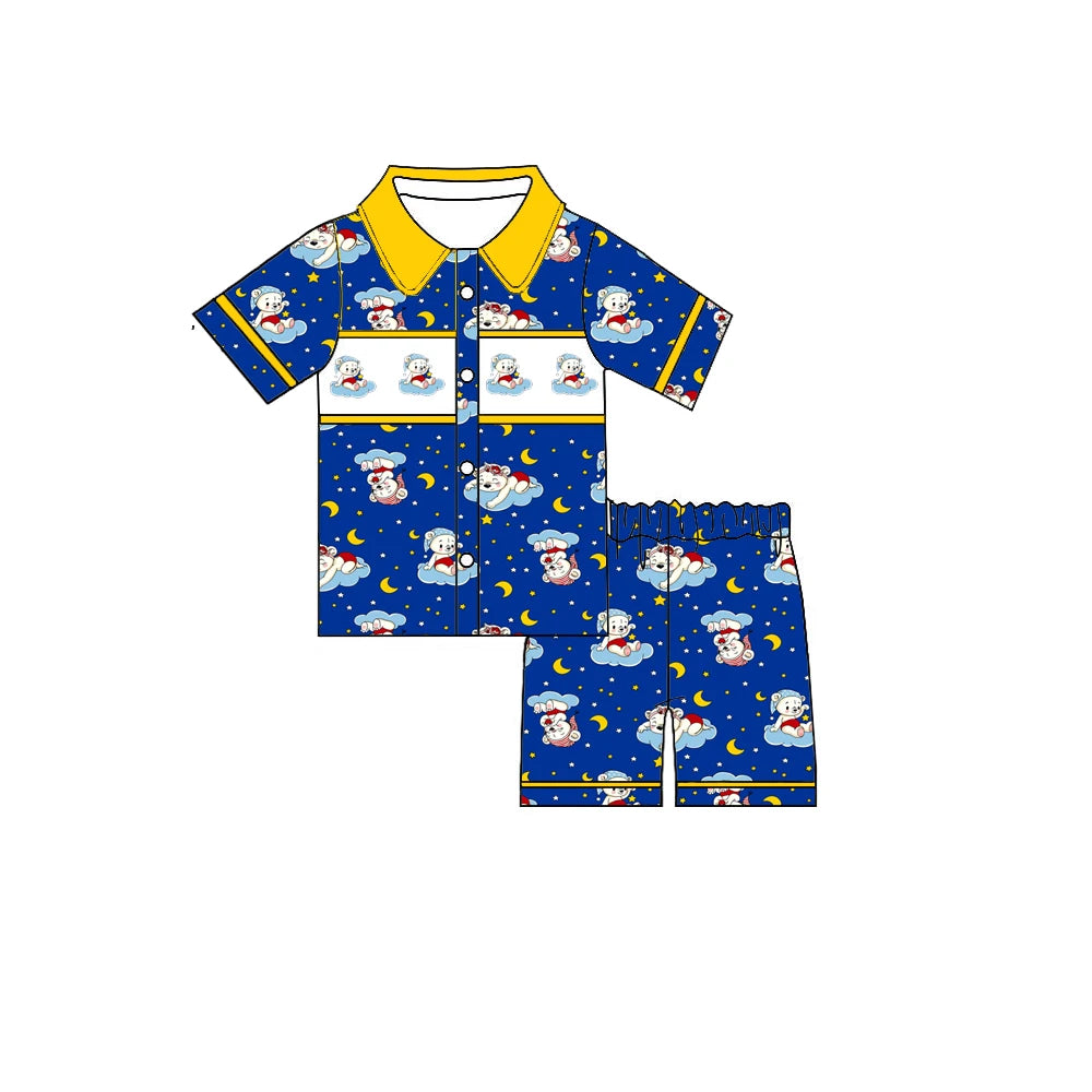 Hot selling boutique baby girl boy clothes blue short sleeve cute bear print shorts pajamas set two piece set