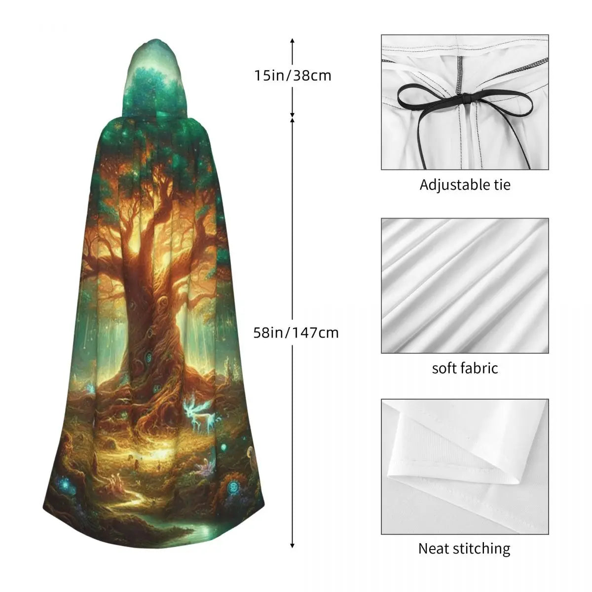 Enchanted Tree Of Life Long Hooded Cloak Witch Medieval Costume Cosplay Cape HalloweenVampire Adult Unisex