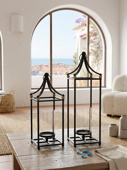 Set of 2 Black Arched Iron Lanterns with Clear Glass Hurricanes