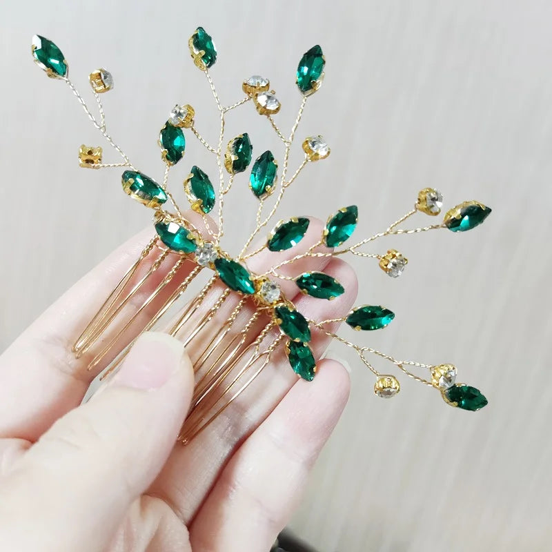 Green Color Rhinestone Hair Combs Bridal Hair Jewelry Leaf Hairpins Pearls Hairpins Bride Wedding Headdress Headband