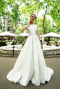 Simple Satin A-Line Wedding Dress Jewel Neck Short Capped Sleeves Backless with Ruched Sash Sweep Train Modern Beach Style