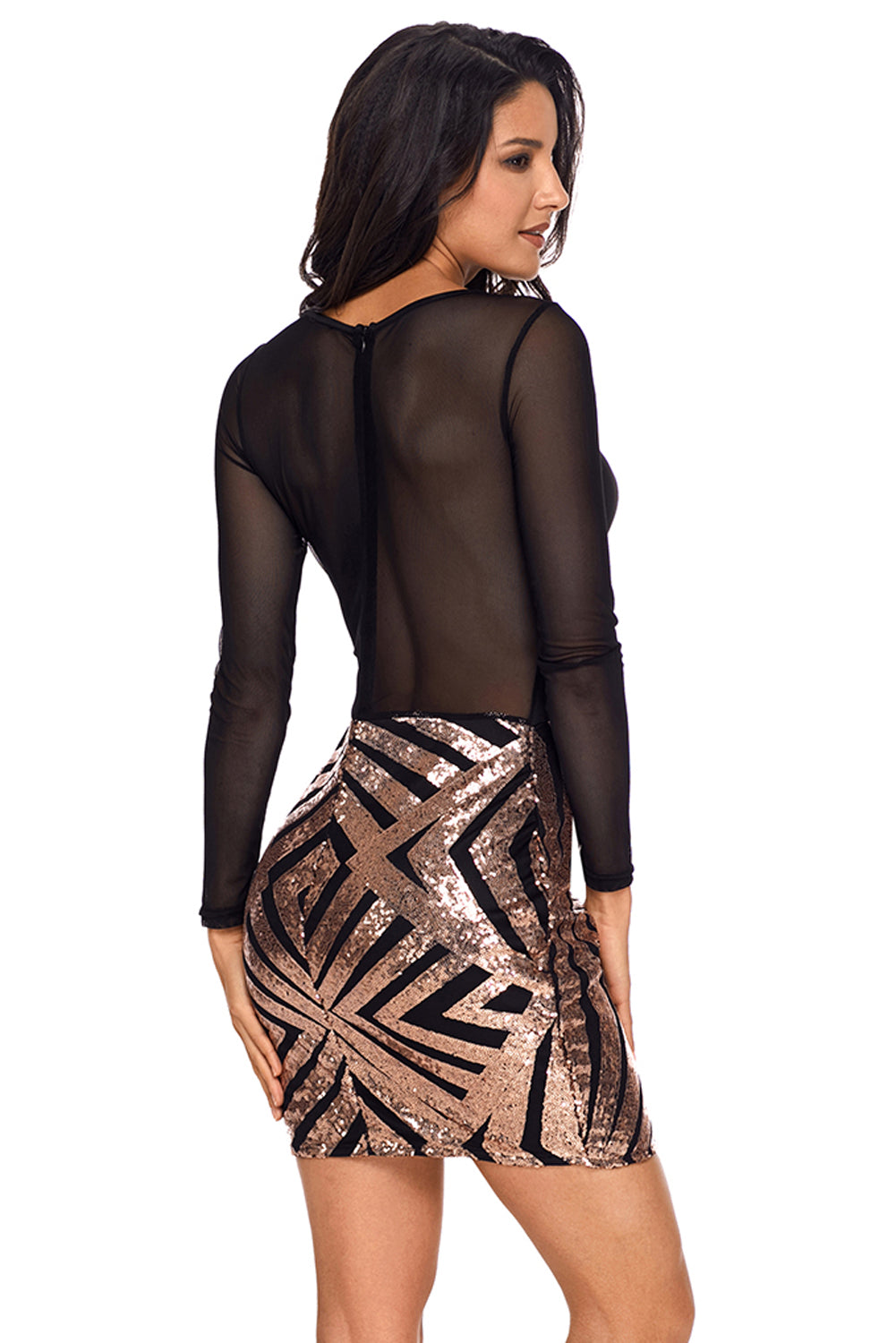 Black Sheer Mesh Long Sleeve Champagne Club Dress