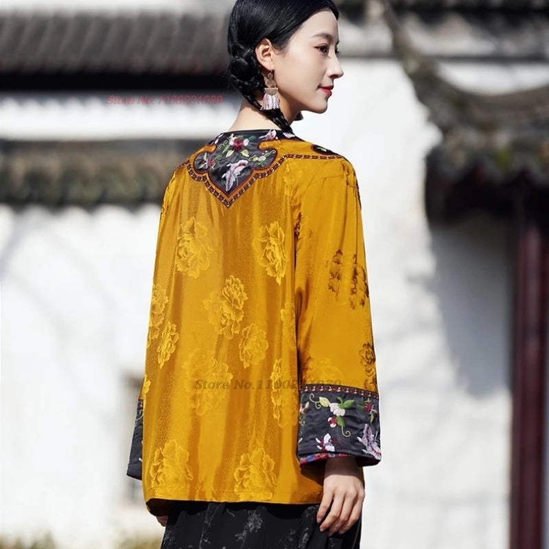 2025 traditional chinese vintage coat national flower embroidery hanfu tops retro o-neck ethnic jacket satin jacquard folk coat