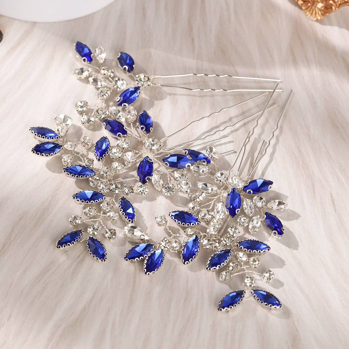 Blue Crystal Bride Elegant Hair Pins Fashion Leaves Rhinestones Hair Clips Headwear For Women Party Jewelry Hair Accessories