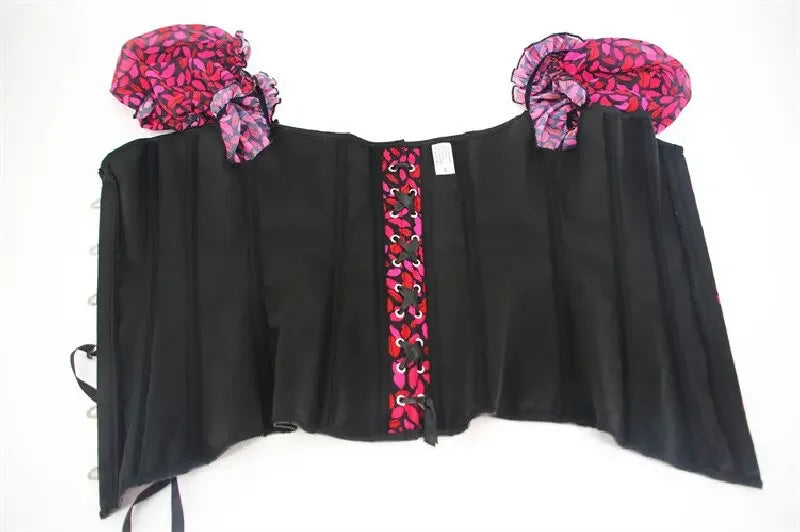 Sexy Women Off Shoulder Corset with Floral Lace Sleeve Lace Up Bustier Fishbone Overbust Corset Bodyshaper Lingerie Top