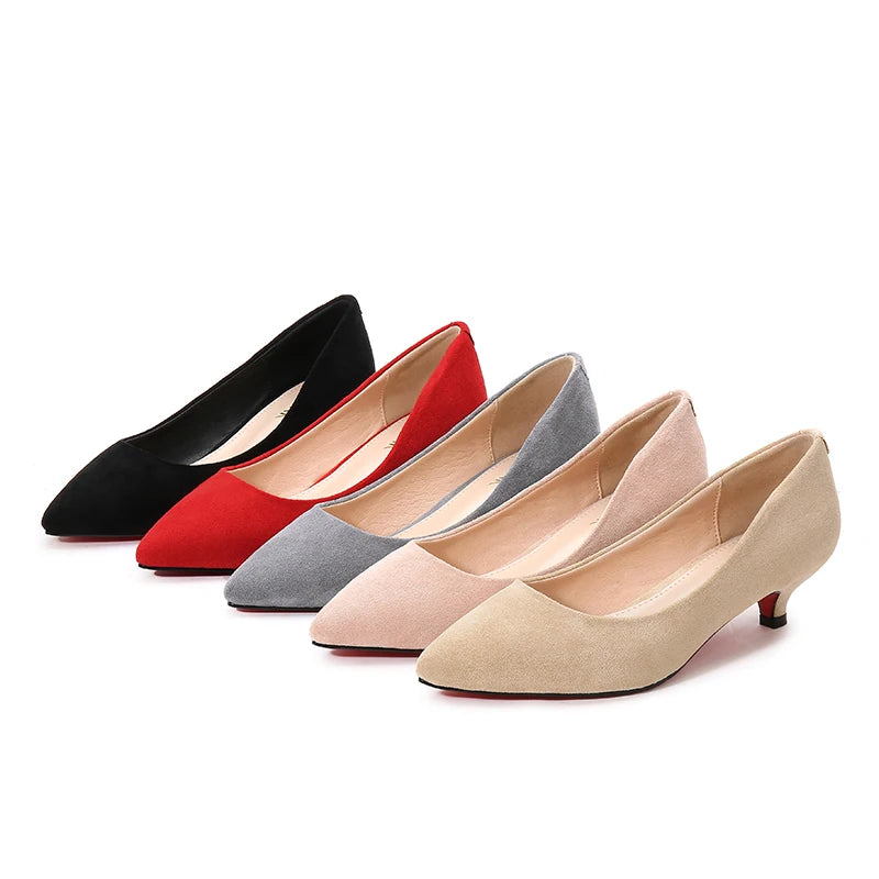 Big Size 34-43 Woman Shoes Flock Med High Heels Women Pumps Stiletto Women's Work Shoes Pointed Toe Wedding Shoes E0004