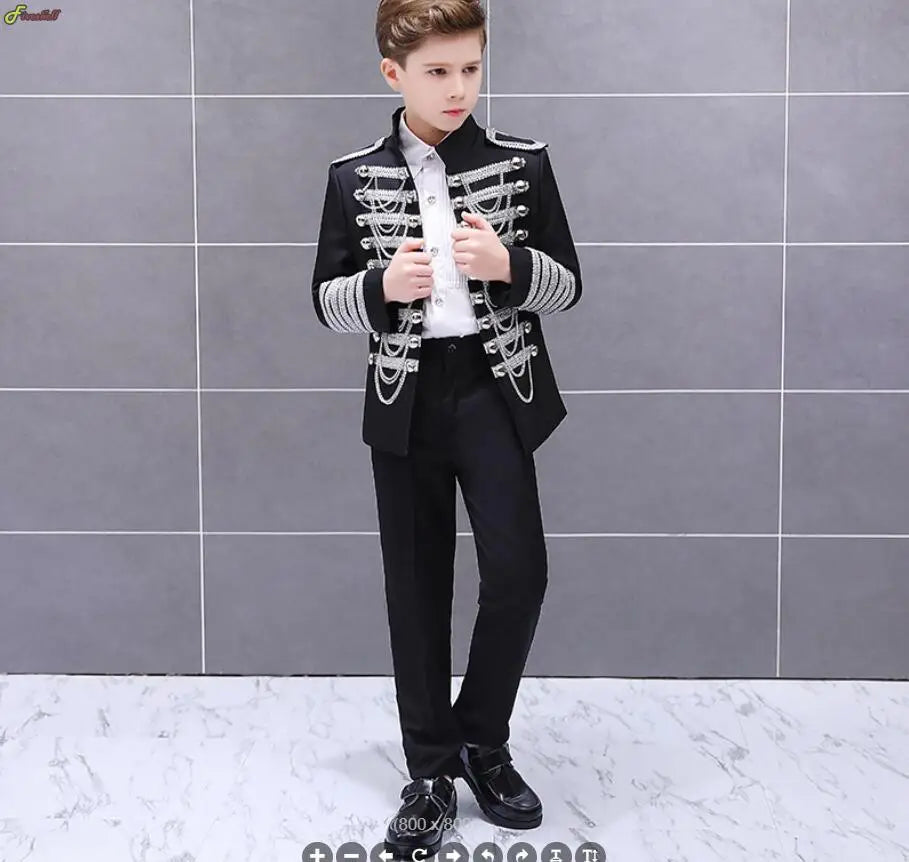 Medieval Steampunk Prince Blazer Costume Military Tassel Chains Cosplay Jacket Shoulder Pad Coat Pop Stage Dacing Tops for Kids
