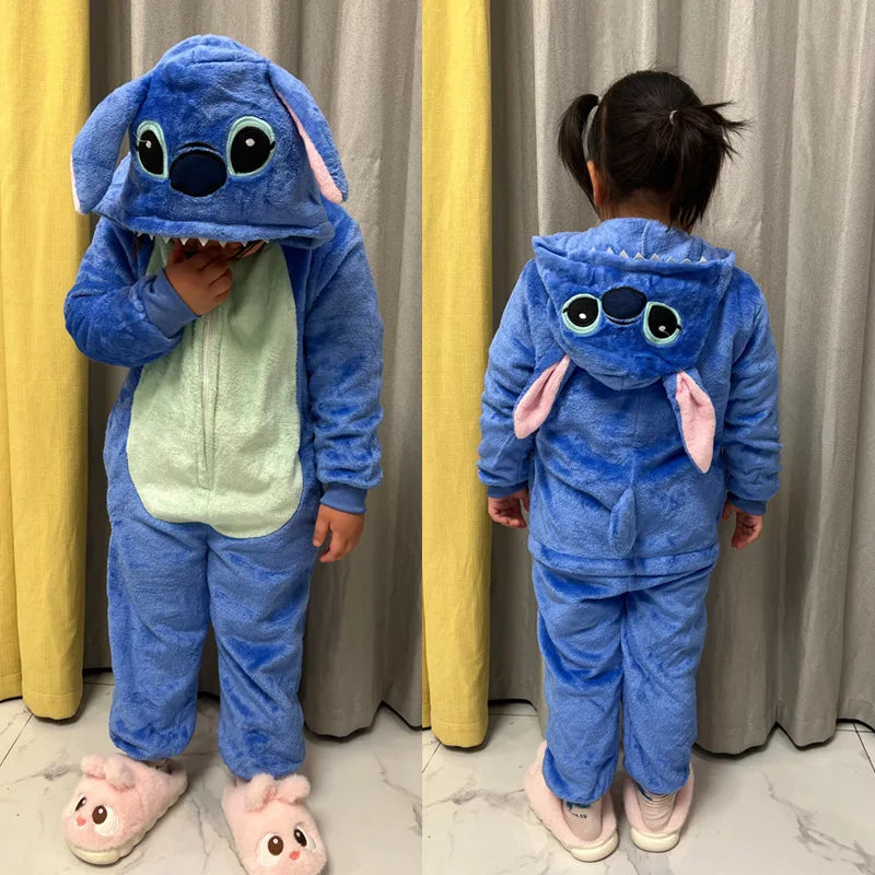 Stitch Anime Flannel Pajamas For Kids Autumn Winter Boy Girls Pyjamas Jumpsuit Children Christmas Halloween Pajama Party Costume