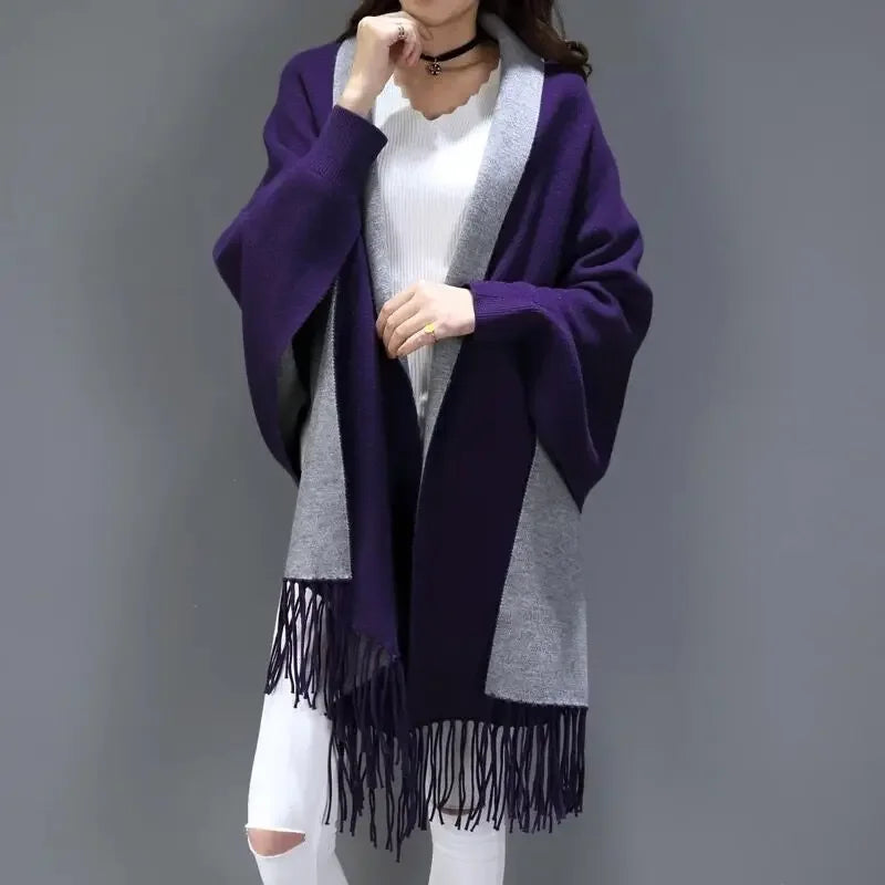 New Colors Black Women Outstreet Loose Knitwear Capes Solid Autumn Winter Knitted Batwing Sleeves Long Poncho Female Tassel Coat